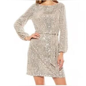 Silver Sparkle Mini Dress Long Sleeve Crystal Sky Glam NYE Party Sz medium